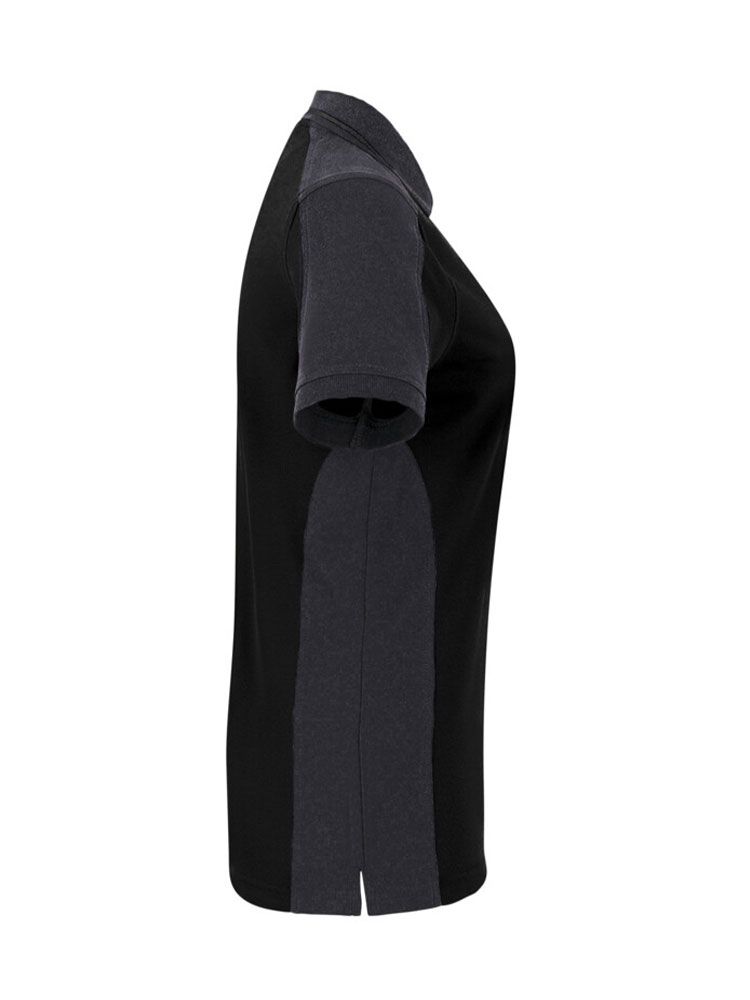 Schwarzes Damen Arbeits Poloshirt mit dunkelgrauen Kontrasteinsätzen und Vier-Loch-Knopfleiste – strapazierfähig und pflegeleicht für Handwerk, Pflege und Gastronomie