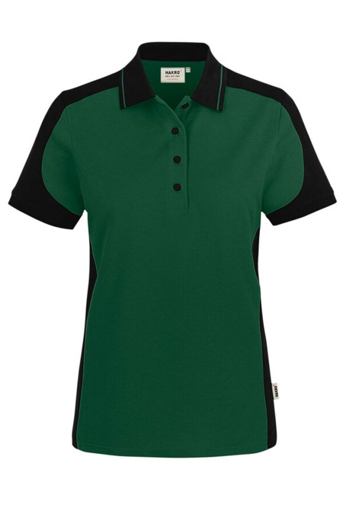 Dunkelgrünes Damen Arbeits Poloshirt mit schwarzen Kontrasteinsätzen und Vier-Loch-Knopfleiste – strapazierfähig und pflegeleicht für Handwerk, Pflege und Gastronomie.