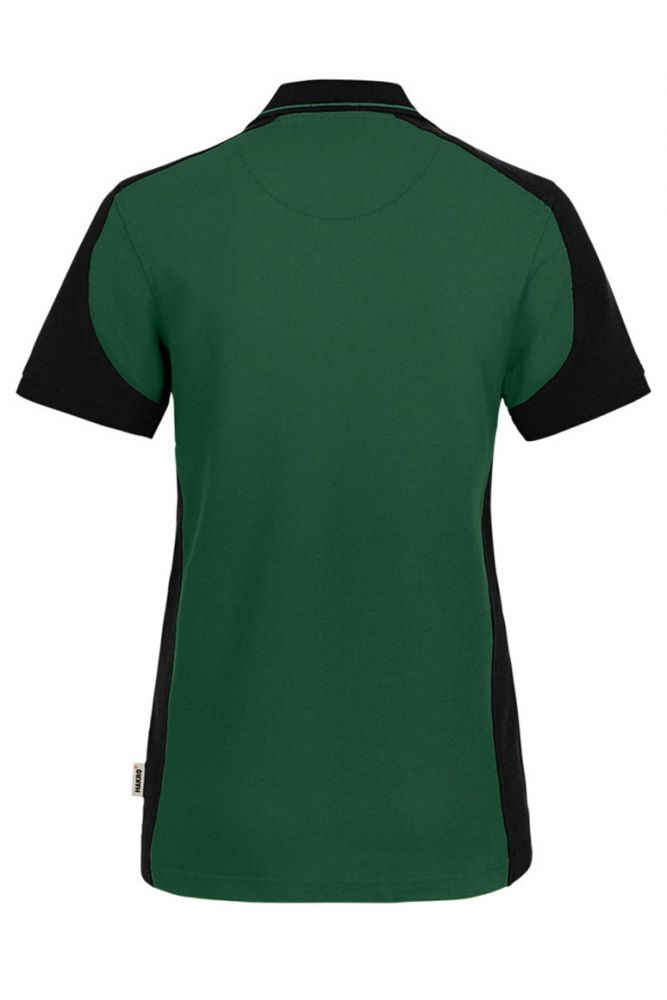Dunkelgrünes Damen Arbeits Poloshirt mit schwarzen Kontrasteinsätzen und Vier-Loch-Knopfleiste – strapazierfähig und pflegeleicht für Handwerk, Pflege und Gastronomie.