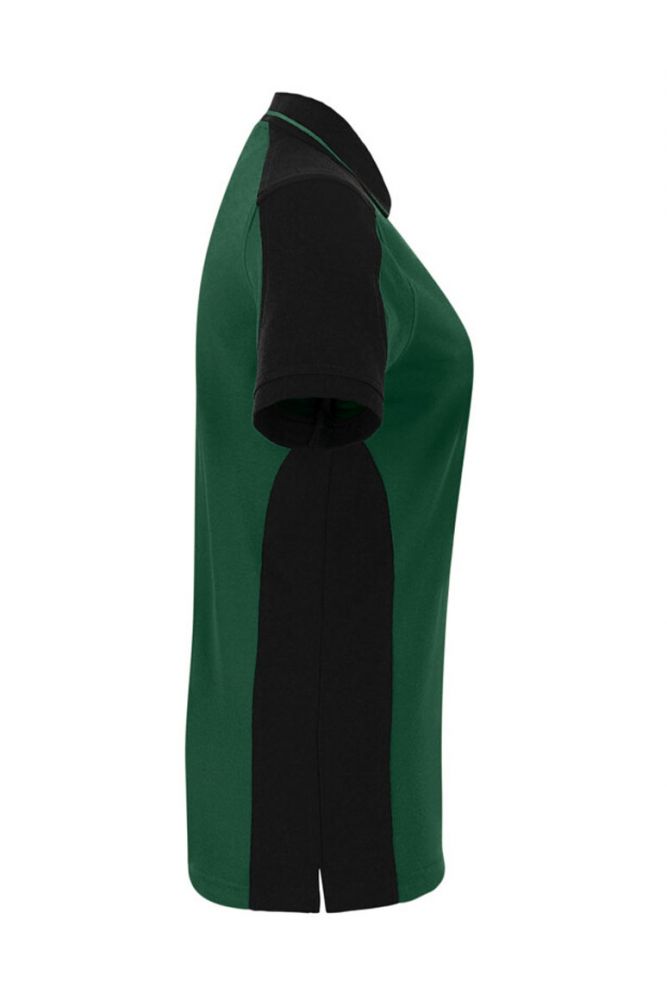 Dunkelgrünes Damen Arbeits Poloshirt mit schwarzen Kontrasteinsätzen und Vier-Loch-Knopfleiste – strapazierfähig und pflegeleicht für Handwerk, Pflege und Gastronomie.