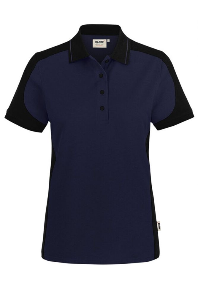Dunkelblaues Damen Arbeits Poloshirt mit schwarzen Kontrasteinsätzen und Vier-Loch-Knopfleiste – strapazierfähig und pflegeleicht für Handwerk, Pflege und Gastronomie.
