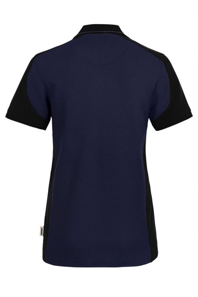 Dunkelblaues Damen Arbeits Poloshirt mit schwarzen Kontrasteinsätzen und Vier-Loch-Knopfleiste – strapazierfähig und pflegeleicht für Handwerk, Pflege und Gastronomie.