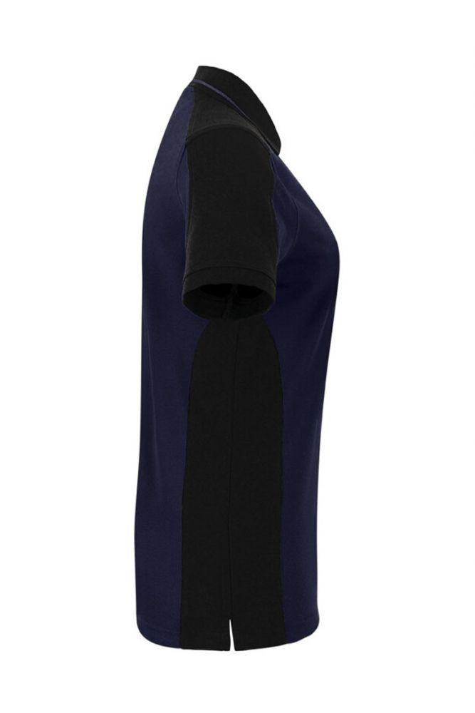 Dunkelblaues Damen Arbeits Poloshirt mit schwarzen Kontrasteinsätzen und Vier-Loch-Knopfleiste – strapazierfähig und pflegeleicht für Handwerk, Pflege und Gastronomie.