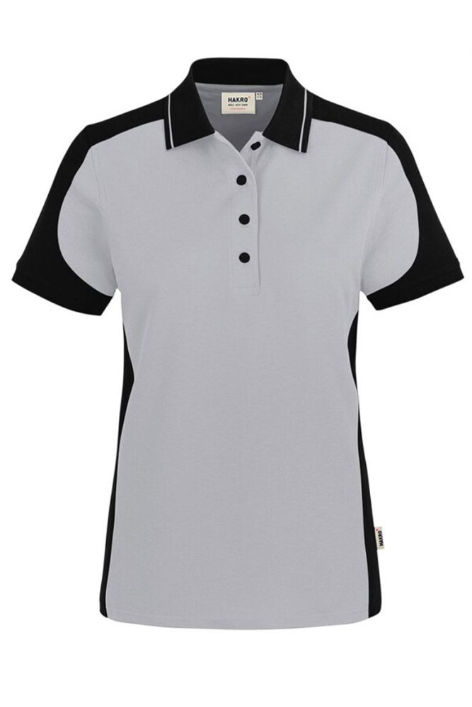 Graues Damen Arbeits Poloshirt mit schwarzen Kontrasteinsätzen und Vier-Loch-Knopfleiste – strapazierfähig und pflegeleicht für Handwerk, Pflege und Gastronomie.