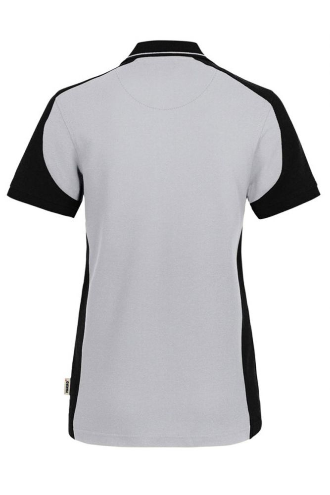 Graues Damen Arbeits Poloshirt mit schwarzen Kontrasteinsätzen und Vier-Loch-Knopfleiste – strapazierfähig und pflegeleicht für Handwerk, Pflege und Gastronomie.