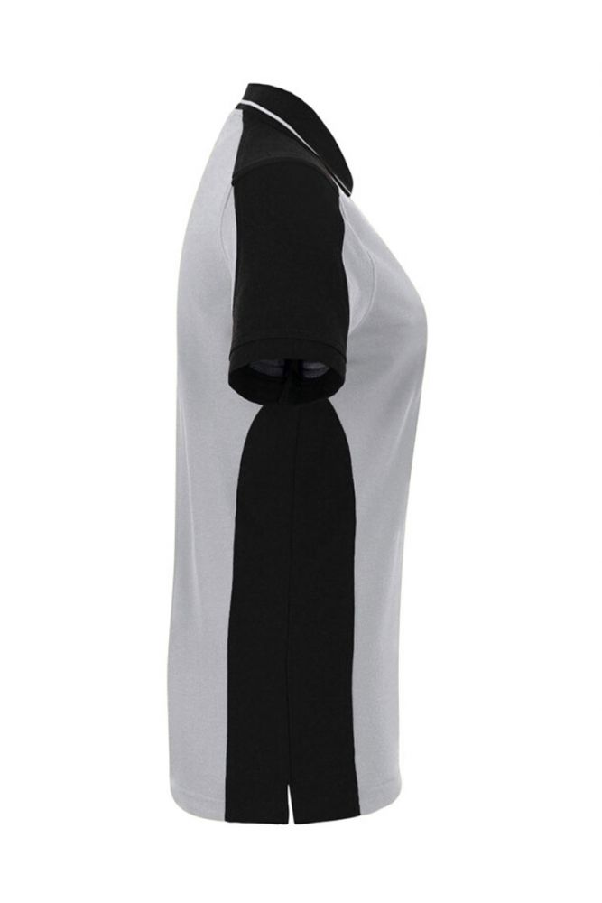 Graues Damen Arbeits Poloshirt mit schwarzen Kontrasteinsätzen und Vier-Loch-Knopfleiste – strapazierfähig und pflegeleicht für Handwerk, Pflege und Gastronomie.