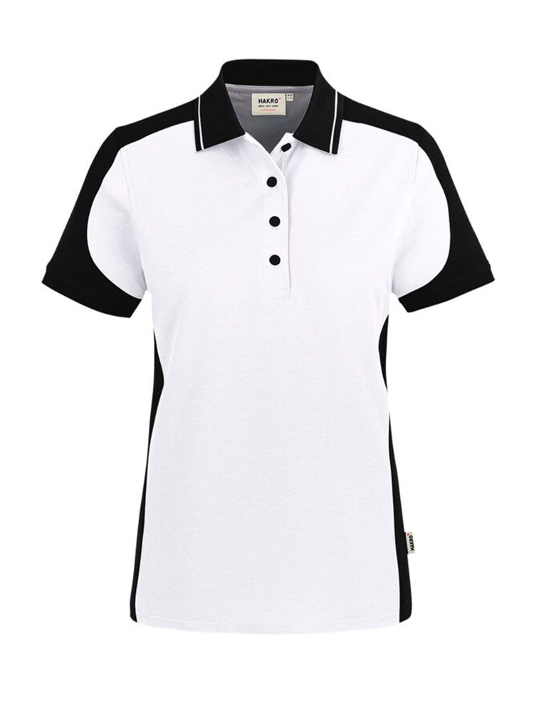 Weißes Damen Arbeits Poloshirt mit schwarzen Kontrasteinsätzen und Vier-Loch-Knopfleiste – strapazierfähig und pflegeleicht für Handwerk, Pflege und Gastronomie