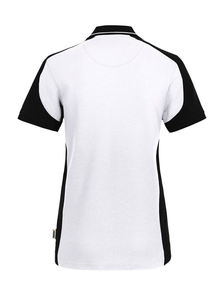 Weißes Damen Arbeits Poloshirt mit schwarzen Kontrasteinsätzen und Vier-Loch-Knopfleiste – strapazierfähig und pflegeleicht für Handwerk, Pflege und Gastronomie