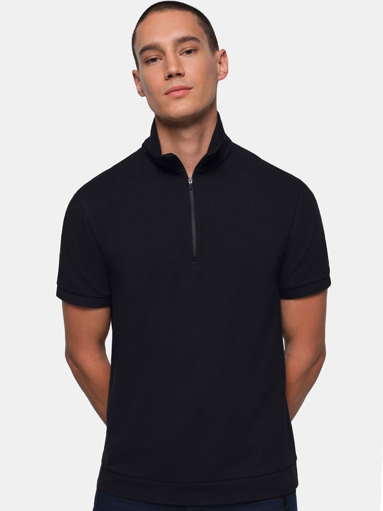Schwarzes Zip-Shirt für Herren aus strapazierfähigem Piqué mit Reißverschluss und Regular Fit