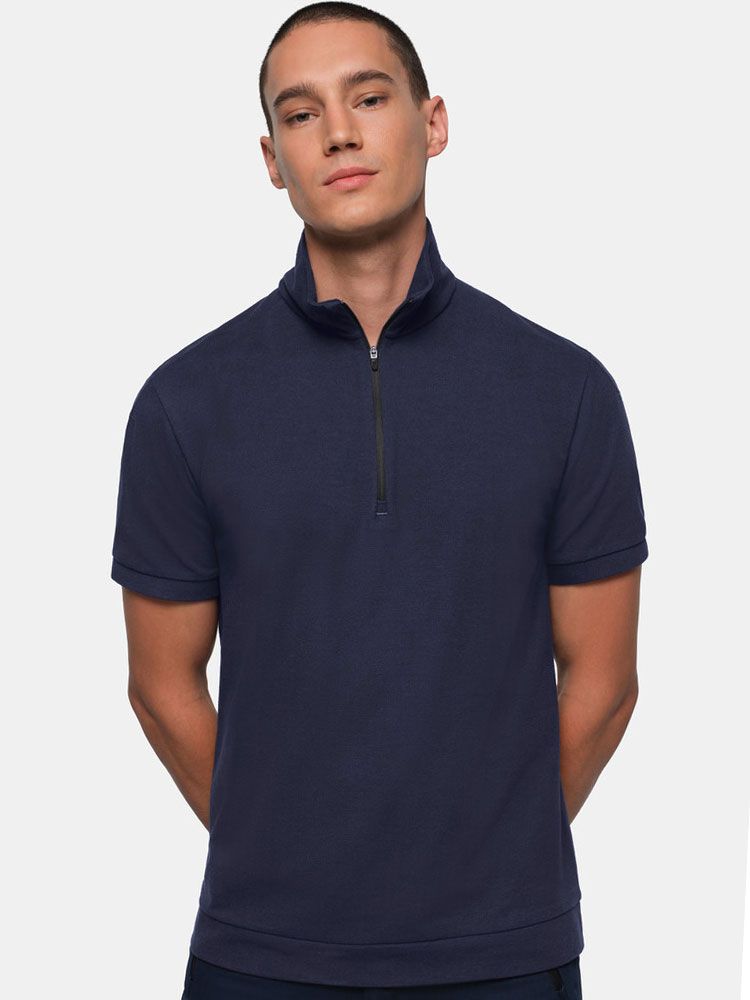 Dunkelblaues Zip-Shirt für Herren aus strapazierfähigem Piqué mit Reißverschluss und Regular Fit