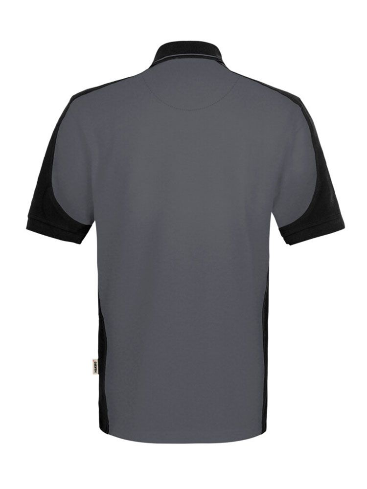 Anthrazitfarbenes Herren Arbeits Poloshirt mit schwarzen Kontrasteinsätzen und Drei-Loch-Knopfleiste – strapazierfähig und pflegeleicht für Handwerk, Pflege und Gastronomie
