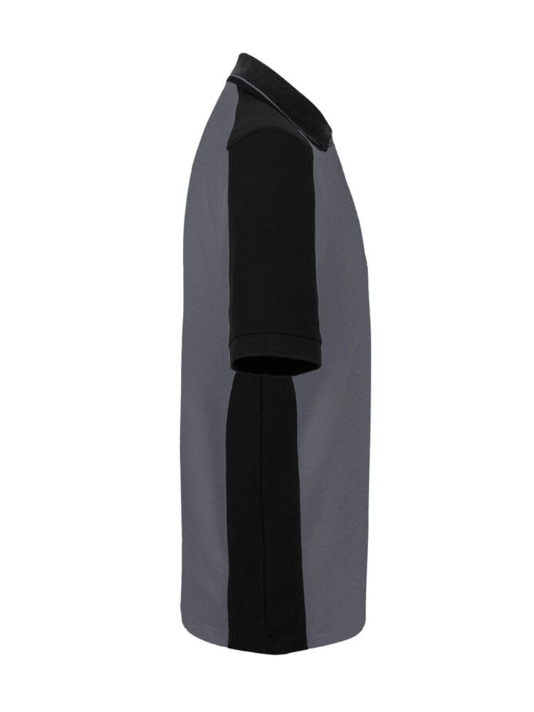 Anthrazitfarbenes Herren Arbeits Poloshirt mit schwarzen Kontrasteinsätzen und Drei-Loch-Knopfleiste – strapazierfähig und pflegeleicht für Handwerk, Pflege und Gastronomie