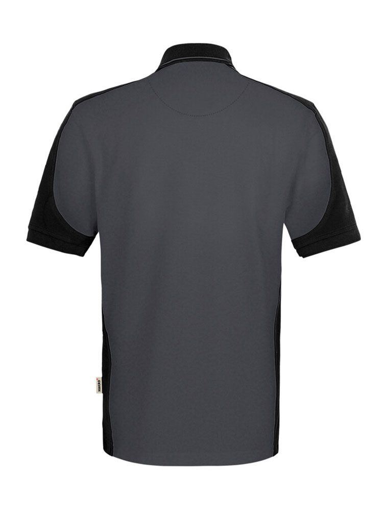 Dunkelgraues Herren Arbeits Poloshirt mit schwarzen Kontrasteinsätzen und Drei-Loch-Knopfleiste – strapazierfähig und pflegeleicht für Handwerk, Pflege und Gastronomie