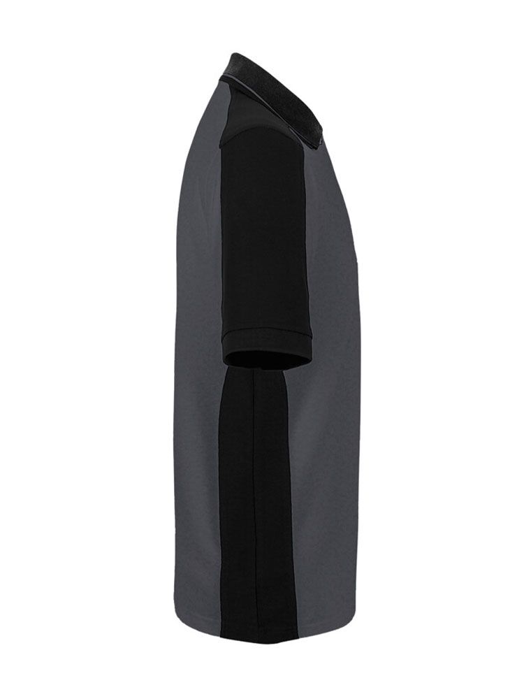 Dunkelgraues Herren Arbeits Poloshirt mit schwarzen Kontrasteinsätzen und Drei-Loch-Knopfleiste – strapazierfähig und pflegeleicht für Handwerk, Pflege und Gastronomie