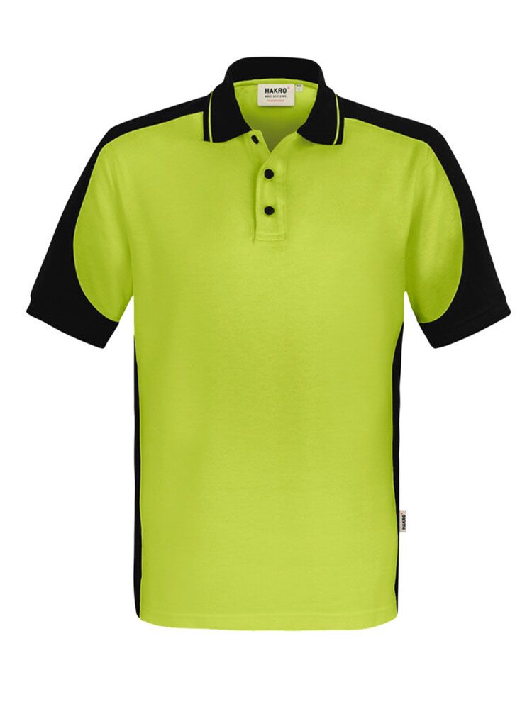 Knallig grünes Herren Arbeits Poloshirt mit schwarzen Kontrasteinsätzen und Drei-Loch-Knopfleiste – strapazierfähig und pflegeleicht für Handwerk, Pflege und Gastronomie.