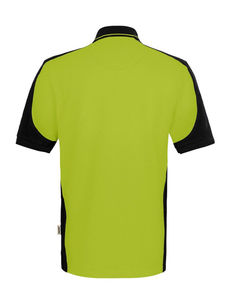 Knallig grünes Herren Arbeits Poloshirt mit schwarzen Kontrasteinsätzen und Drei-Loch-Knopfleiste – strapazierfähig und pflegeleicht für Handwerk, Pflege und Gastronomie.