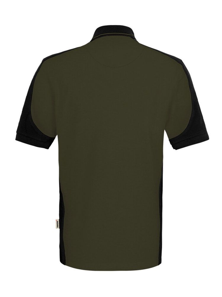 Olivgrünes Herren Arbeits Poloshirt mit schwarzen Kontrasteinsätzen und Drei-Loch-Knopfleiste – strapazierfähig und pflegeleicht für Handwerk, Pflege und Gastronomie