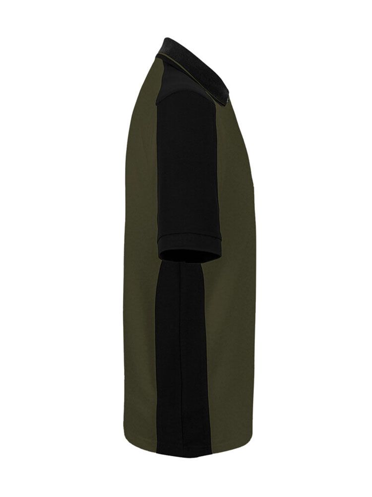 Olivgrünes Herren Arbeits Poloshirt mit schwarzen Kontrasteinsätzen und Drei-Loch-Knopfleiste – strapazierfähig und pflegeleicht für Handwerk, Pflege und Gastronomie