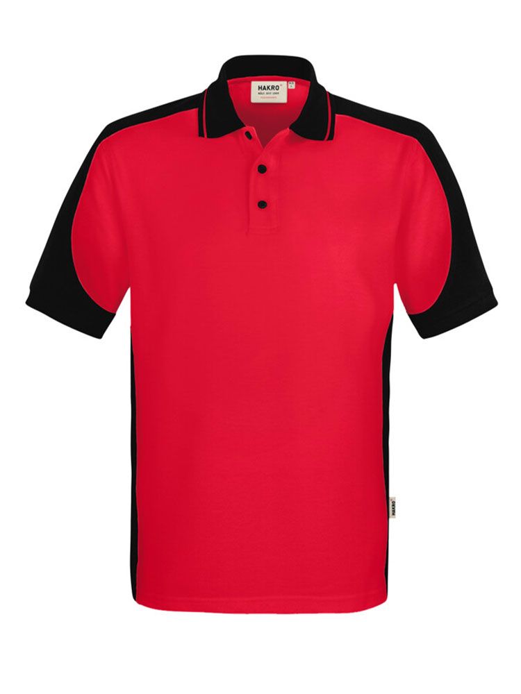 Kräftig rotes Herren Arbeits Poloshirt mit schwarzen Kontrasteinsätzen und Drei-Loch-Knopfleiste – strapazierfähig und pflegeleicht für Handwerk, Pflege und Gastronomie