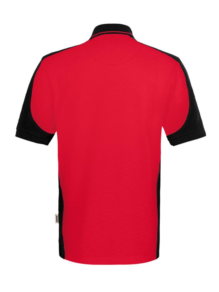 Kräftig rotes Herren Arbeits Poloshirt mit schwarzen Kontrasteinsätzen und Drei-Loch-Knopfleiste – strapazierfähig und pflegeleicht für Handwerk, Pflege und Gastronomie