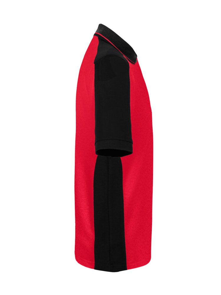 Kräftig rotes Herren Arbeits Poloshirt mit schwarzen Kontrasteinsätzen und Drei-Loch-Knopfleiste – strapazierfähig und pflegeleicht für Handwerk, Pflege und Gastronomie