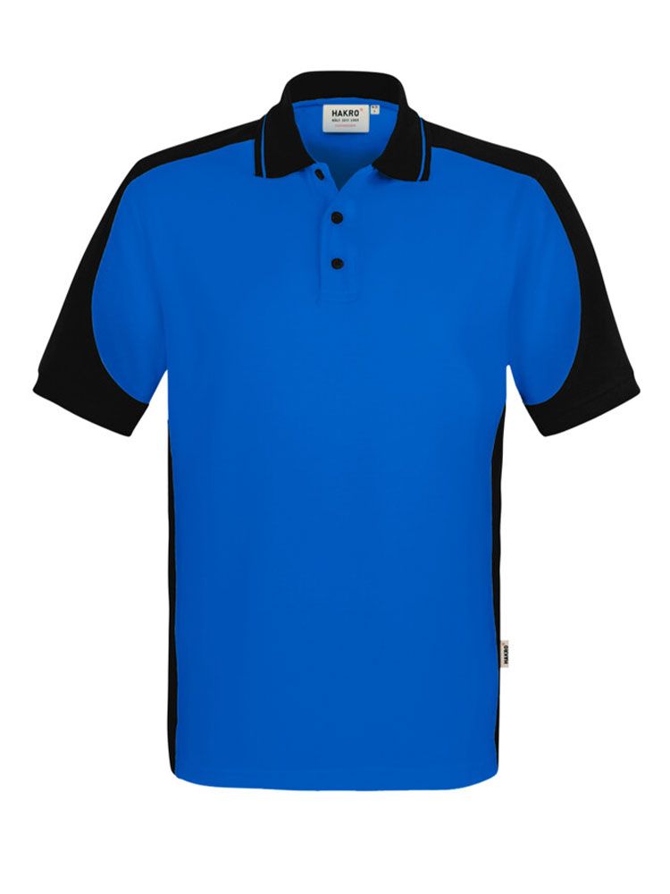 Blaues Herren Arbeits Poloshirt mit schwarzen Kontrasteinsätzen und Drei-Loch-Knopfleiste – strapazierfähig und pflegeleicht für Handwerk, Pflege und Gastronomie