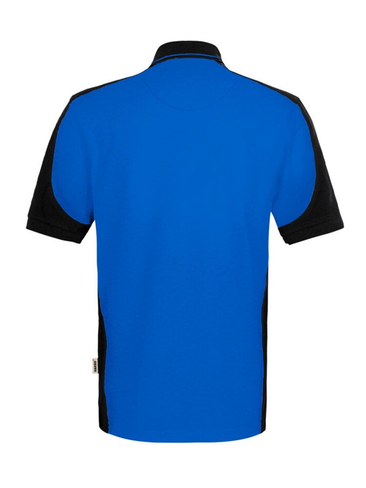 Blaues Herren Arbeits Poloshirt mit schwarzen Kontrasteinsätzen und Drei-Loch-Knopfleiste – strapazierfähig und pflegeleicht für Handwerk, Pflege und Gastronomie