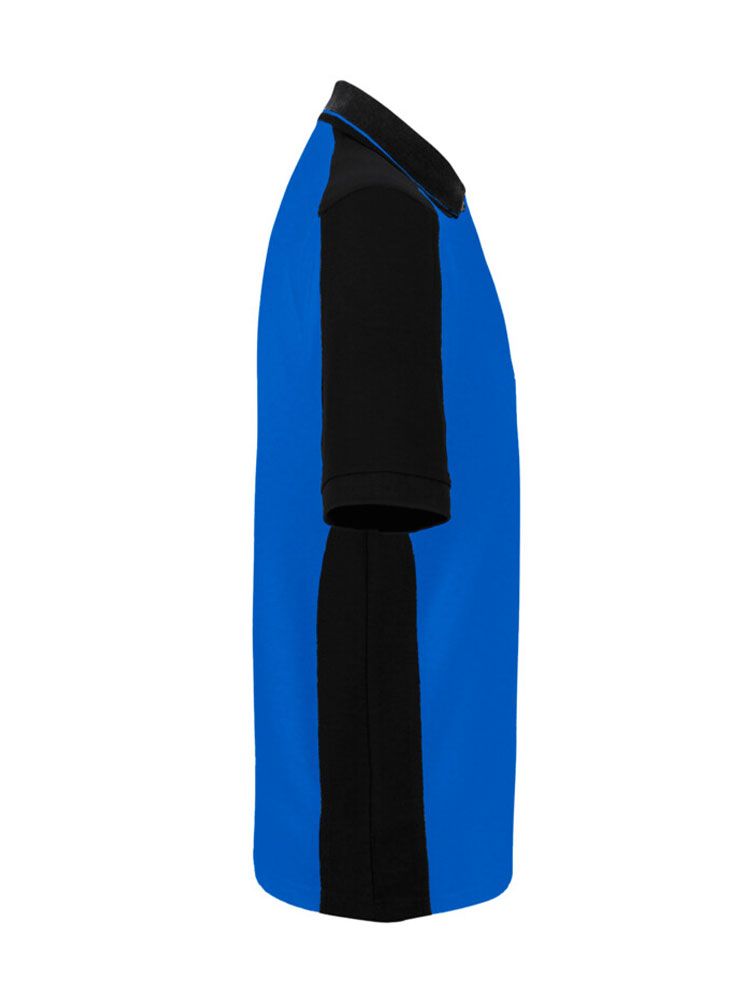 Blaues Herren Arbeits Poloshirt mit schwarzen Kontrasteinsätzen und Drei-Loch-Knopfleiste – strapazierfähig und pflegeleicht für Handwerk, Pflege und Gastronomie