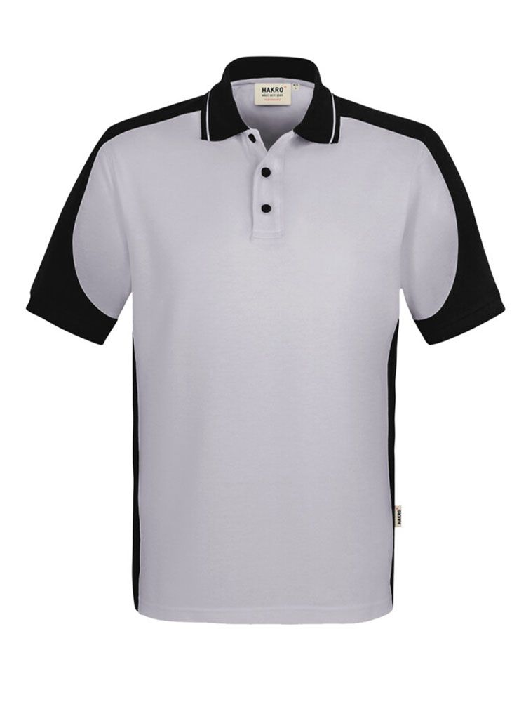 Graues Herren Arbeits Poloshirt mit schwarzen Kontrasteinsätzen und Drei-Loch-Knopfleiste – strapazierfähig und pflegeleicht für Handwerk, Pflege und Gastronomie