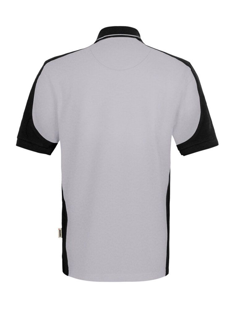 Graues Herren Arbeits Poloshirt mit schwarzen Kontrasteinsätzen und Drei-Loch-Knopfleiste – strapazierfähig und pflegeleicht für Handwerk, Pflege und Gastronomie