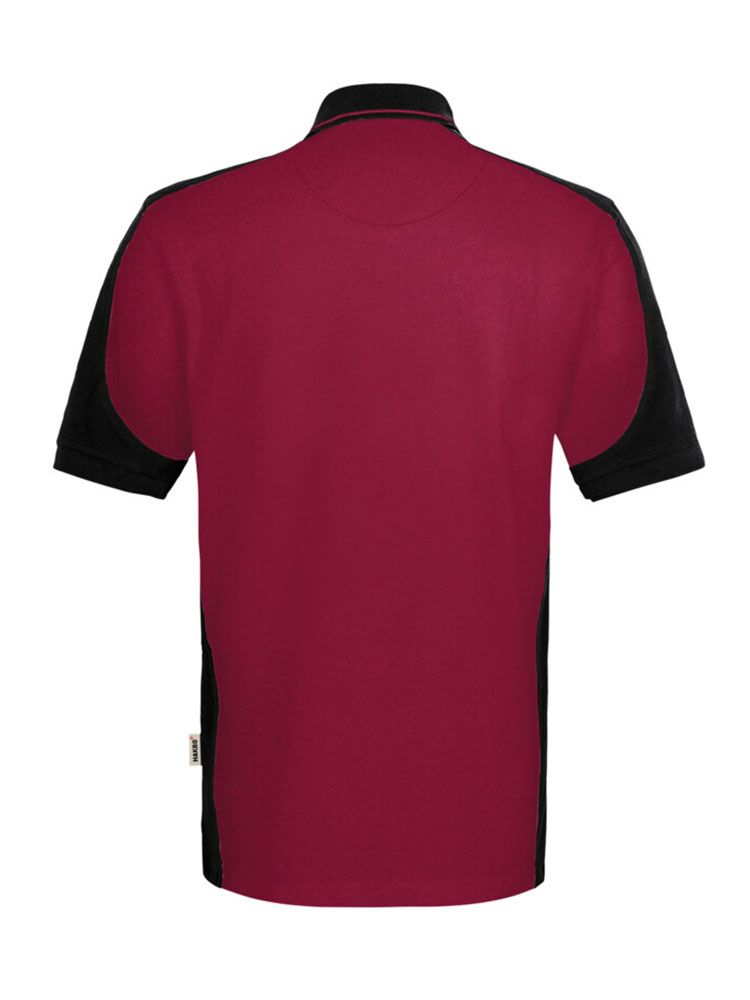 Weinrotes Herren Arbeits Poloshirt mit schwarzen Kontrasteinsätzen und Drei-Loch-Knopfleiste – strapazierfähig und pflegeleicht für Handwerk, Pflege und Gastronomie