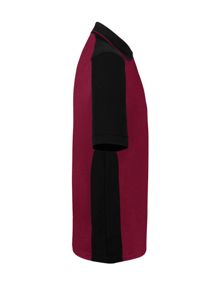 Weinrotes Herren Arbeits Poloshirt mit schwarzen Kontrasteinsätzen und Drei-Loch-Knopfleiste – strapazierfähig und pflegeleicht für Handwerk, Pflege und Gastronomie