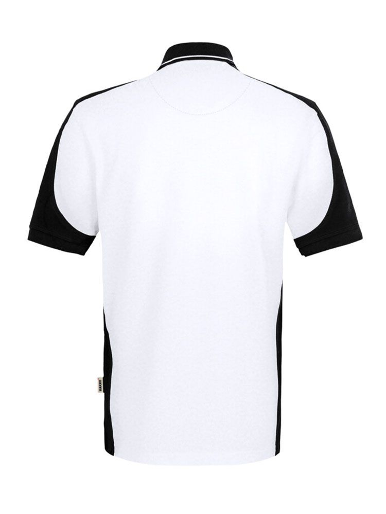 Weißes Herren Arbeits Poloshirt mit schwarzen Kontrasteinsätzen und Drei-Loch-Knopfleiste – strapazierfähig und pflegeleicht für Handwerk, Pflege und Gastronomie