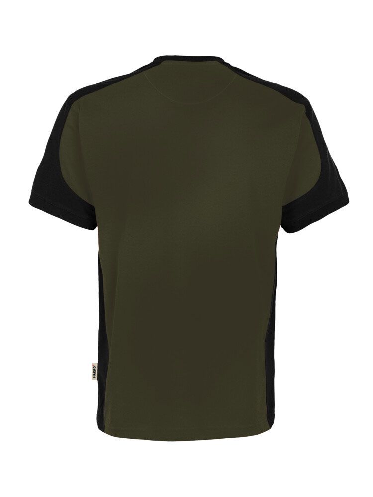 Olivgrünes Arbeits T-Shirt mit dunklen Kontrasteinsätzen – ideal für Outdoor-Workwear & Firmenlogo.