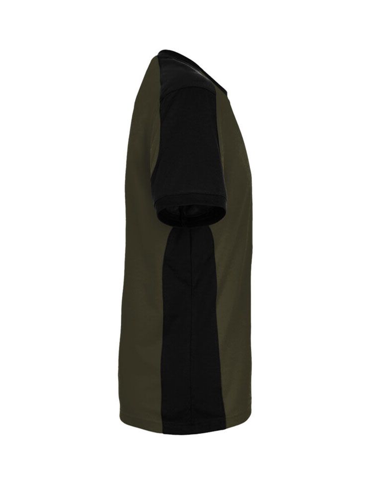 Olivgrünes Arbeits T-Shirt mit dunklen Kontrasteinsätzen – ideal für Outdoor-Workwear & Firmenlogo.