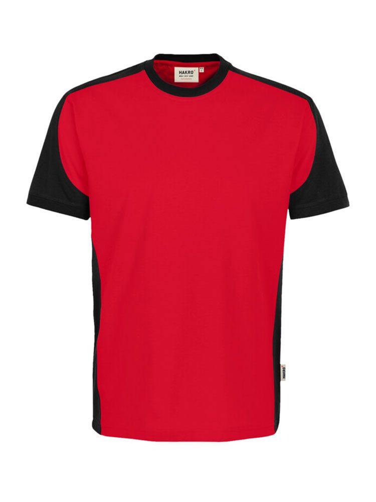 Rotes Arbeitsshirt mit schwarzen Kontrasteinsätzen an Schultern, Seiten und Ärmeln – Unisex-Modell.