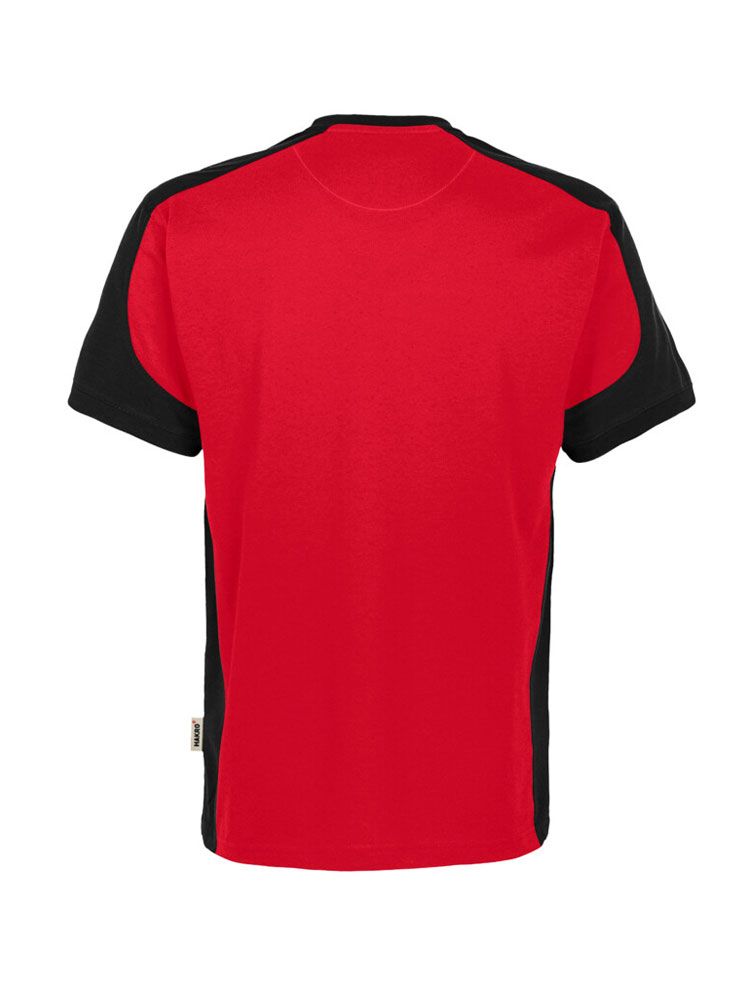 Rotes Arbeitsshirt mit schwarzen Kontrasteinsätzen an Schultern, Seiten und Ärmeln – Unisex-Modell.
