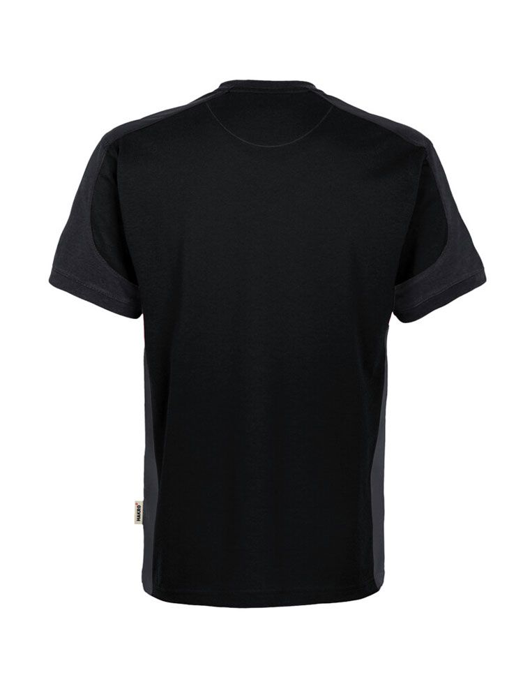 Schwarzes Arbeits T-Shirt mit grauen Kontrasteinsätzen an Ärmeln, Schultern und Seiten.
