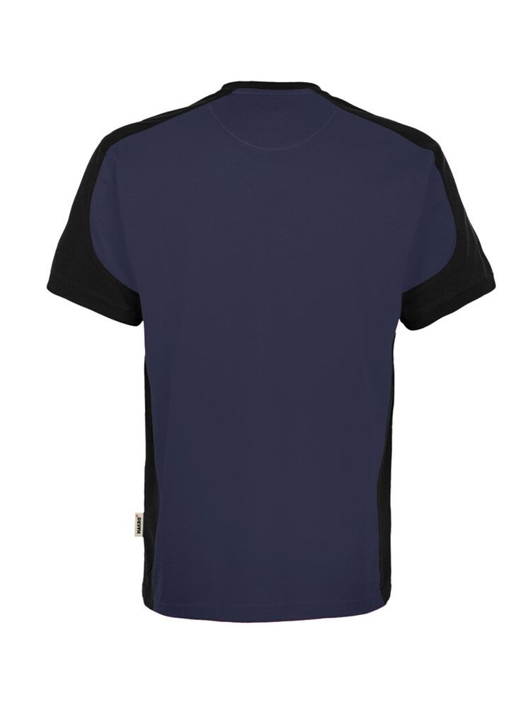 Dunkelblaues Arbeits Tshirt mit schwarzen Kontrasteinsätzen an Ärmeln, Schultern und Seiten.