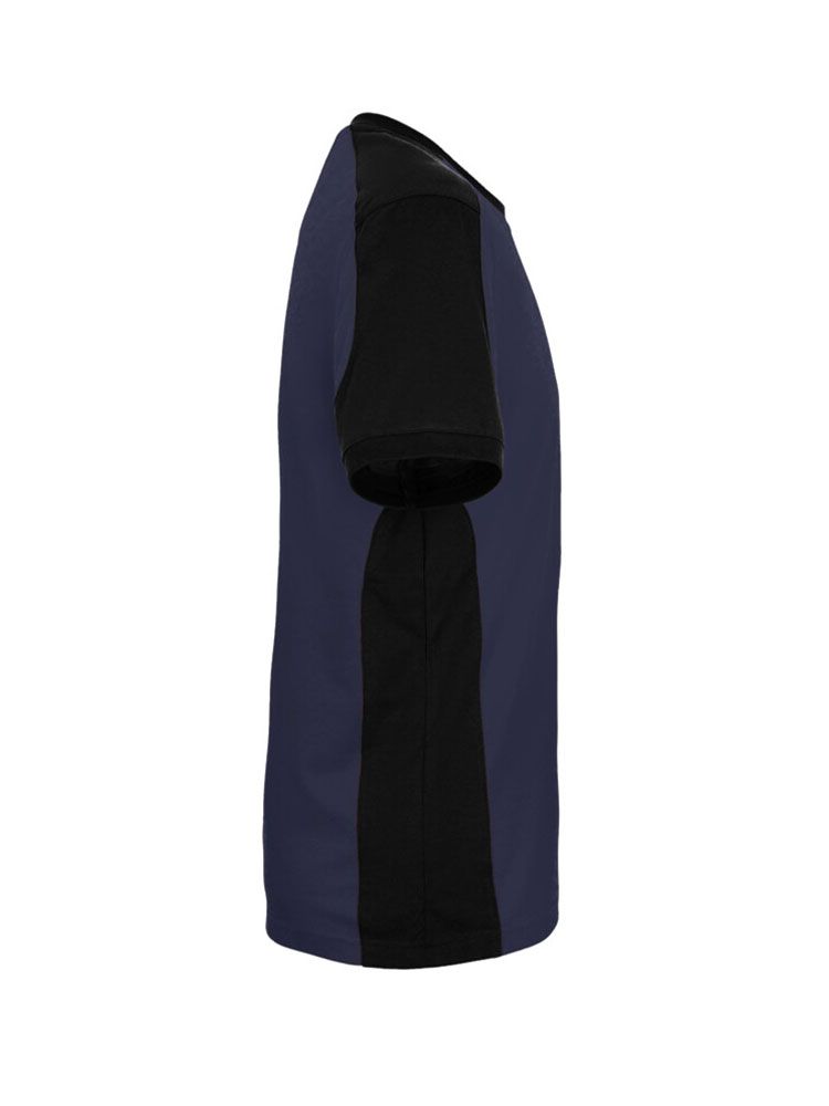 Dunkelblaues Arbeits Tshirt mit schwarzen Kontrasteinsätzen an Ärmeln, Schultern und Seiten.