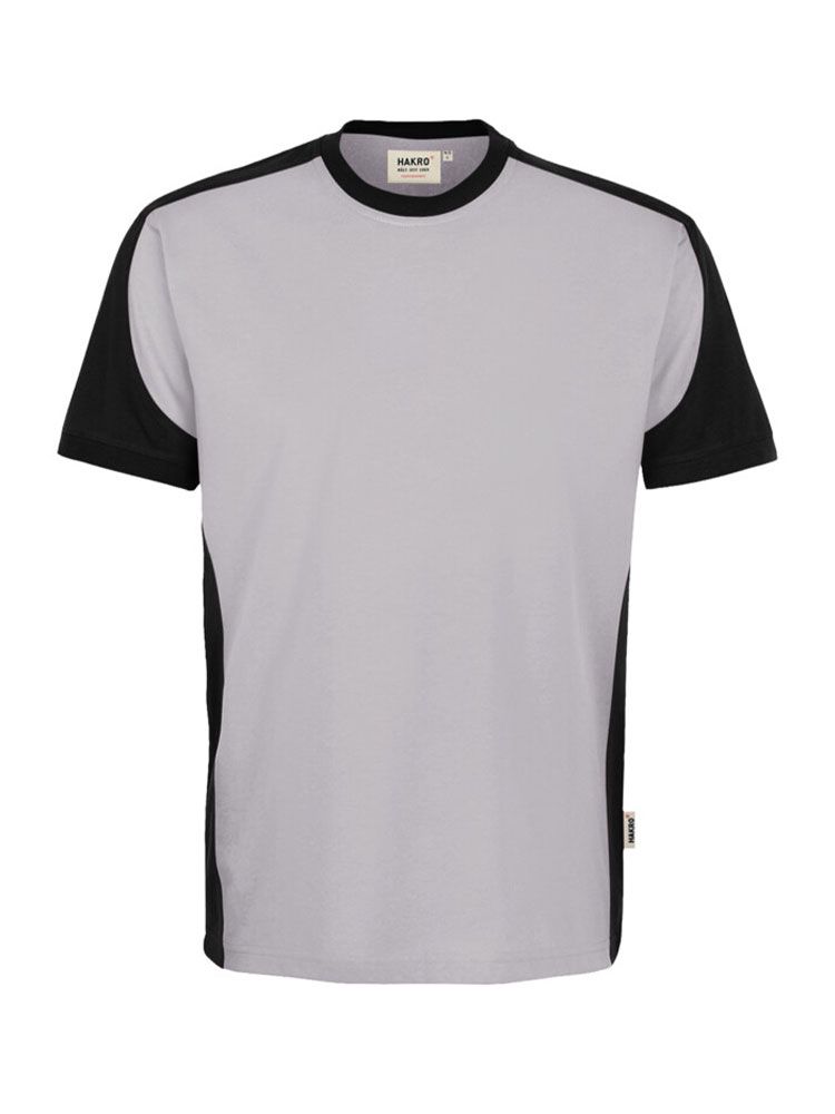 Graues Arbeits T-Shirt mit dunklen Kontrasteinsätzen – unisex, pflegeleicht und geeignet für Workwear mit Firmenlogo.