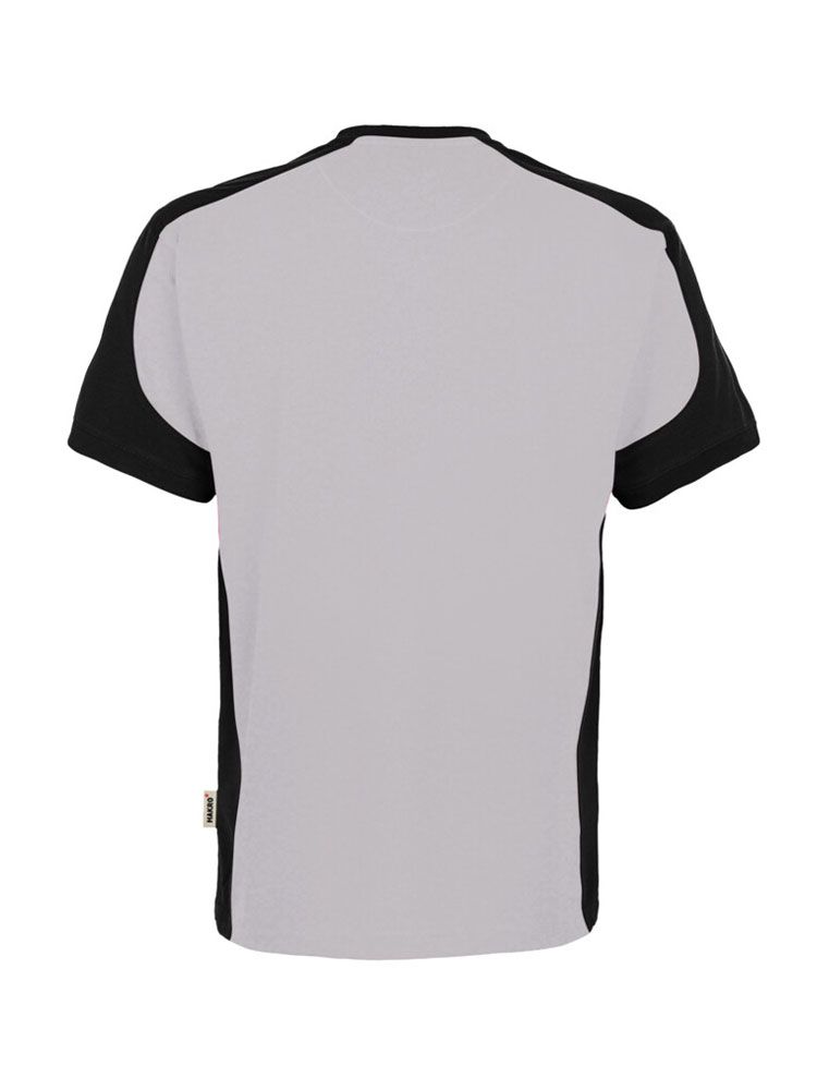 Graues Arbeits T-Shirt mit dunklen Kontrasteinsätzen – unisex, pflegeleicht und geeignet für Workwear mit Firmenlogo.
