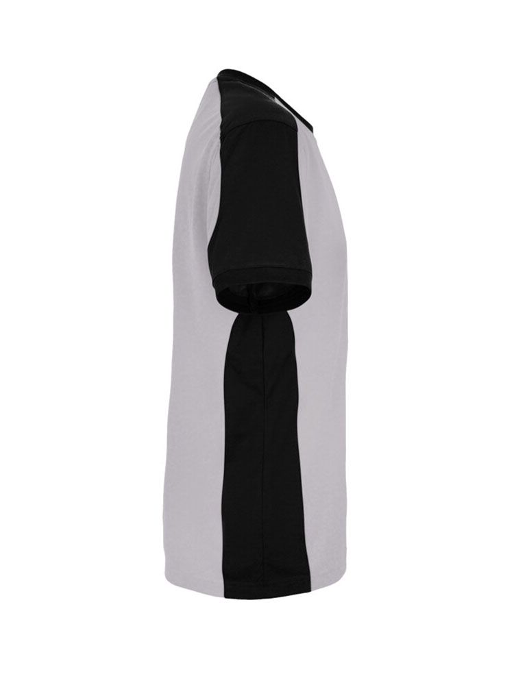 Graues Arbeits T-Shirt mit dunklen Kontrasteinsätzen – unisex, pflegeleicht und geeignet für Workwear mit Firmenlogo.