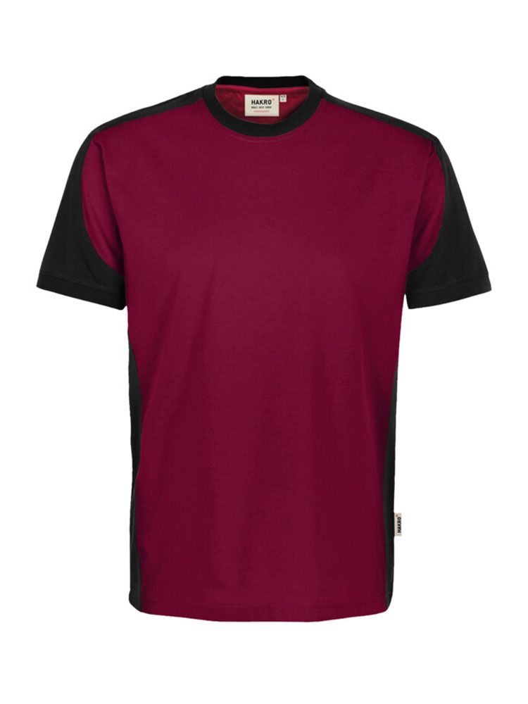 Weinrotes Arbeits T-Shirt mit dunklen Kontrasteinsätzen – ideal für Stickerei oder Druck mit Logo.