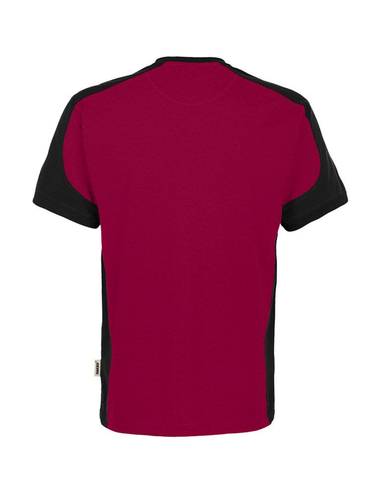 Weinrotes Arbeits T-Shirt mit dunklen Kontrasteinsätzen – ideal für Stickerei oder Druck mit Logo.