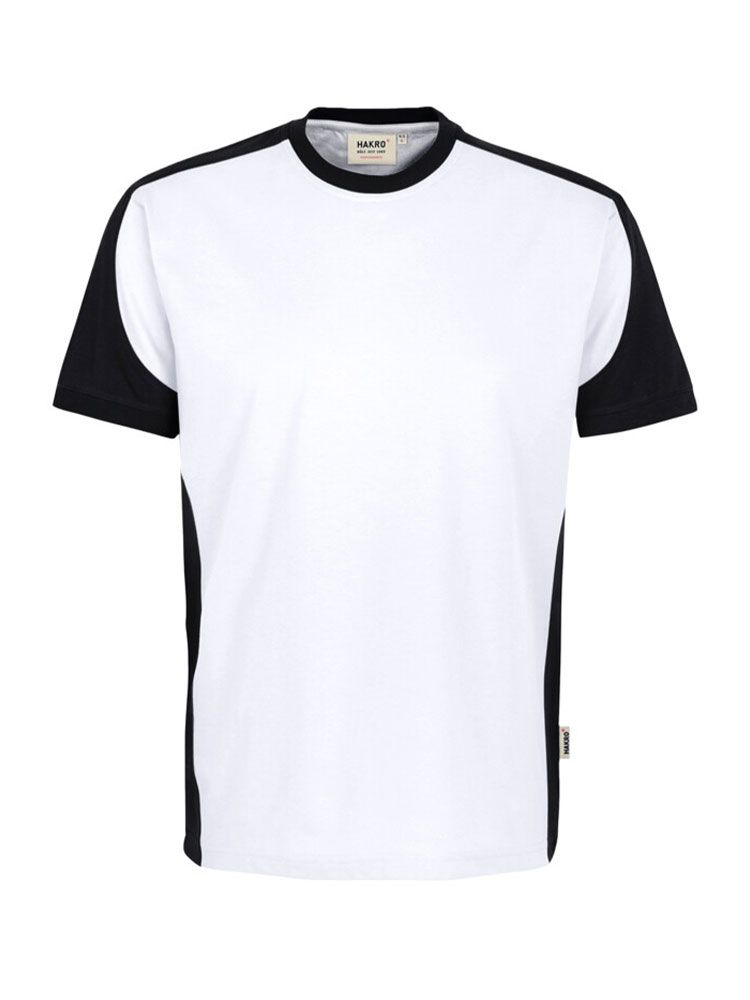 Weißes Arbeits T-Shirt mit schwarzen Kontrasteinsätzen an Ärmeln, Seiten und Kragen.