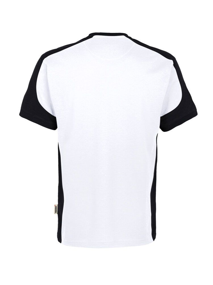 Weißes Arbeits T-Shirt mit schwarzen Kontrasteinsätzen an Ärmeln, Seiten und Kragen.