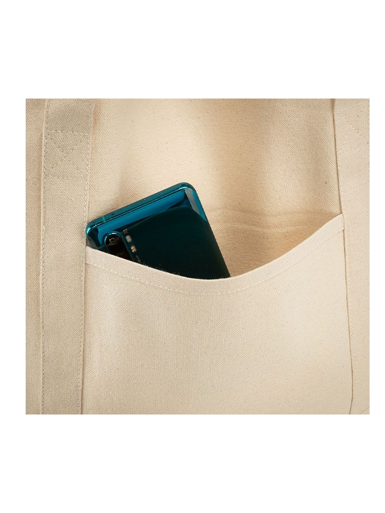 „Nachhaltige Tasche aus recycelter Baumwolle mit Vortasche – 16 l Volumen, Tragegriffe 70 cm“