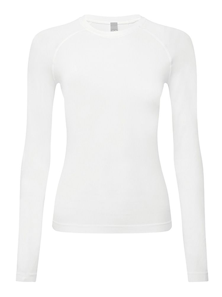 Damen Langarmshirt Weiß mit Jacquard-Zonen und 4-Wege-Stretch, als Base Layer oder solo, Größen XS–3XL, für Arbeit und Freizeit.
