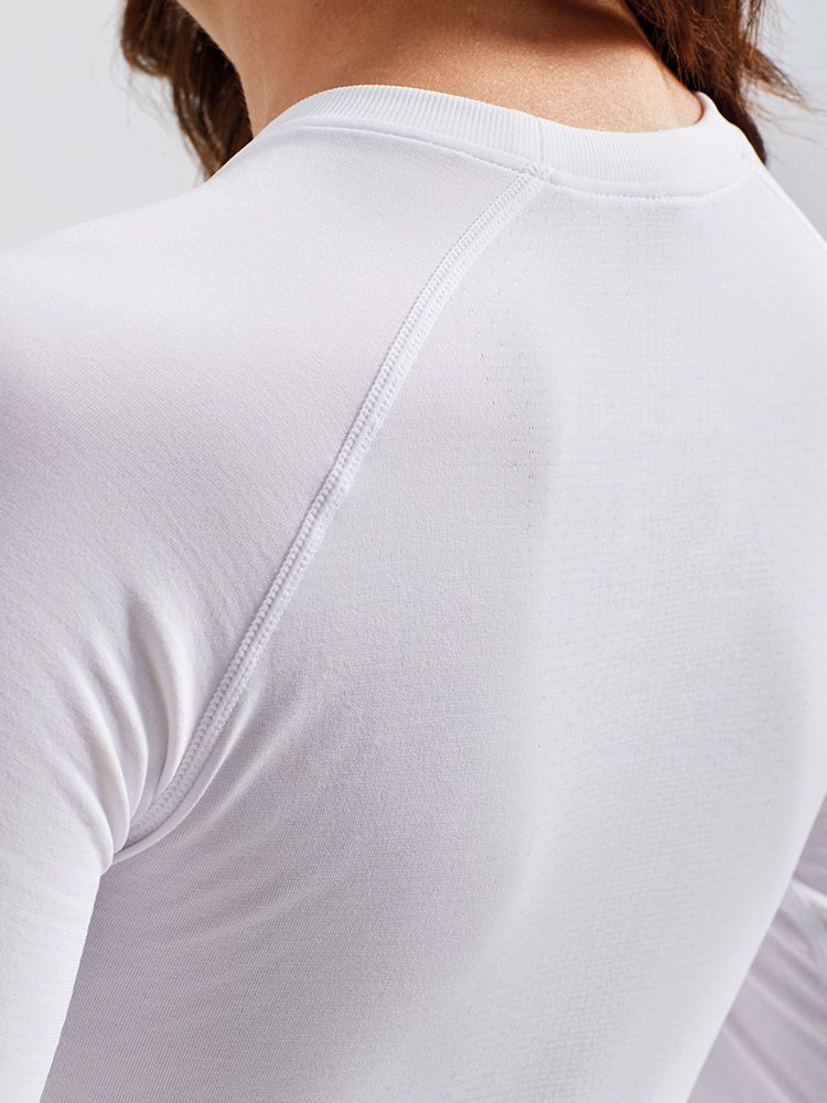 Damen Langarmshirt Weiß mit Jacquard-Zonen und 4-Wege-Stretch, als Base Layer oder solo, Größen XS–3XL, für Arbeit und Freizeit.
